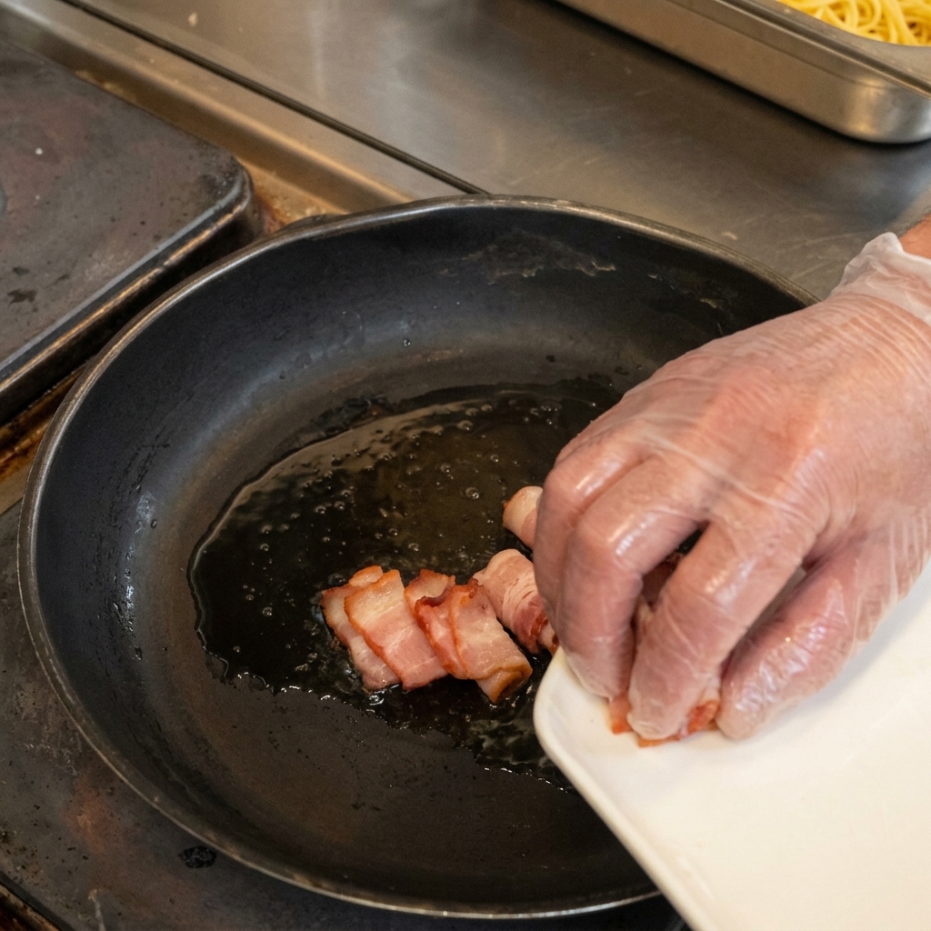 Speckstreifen werden in eine Pfanne mit Öl gegeben.