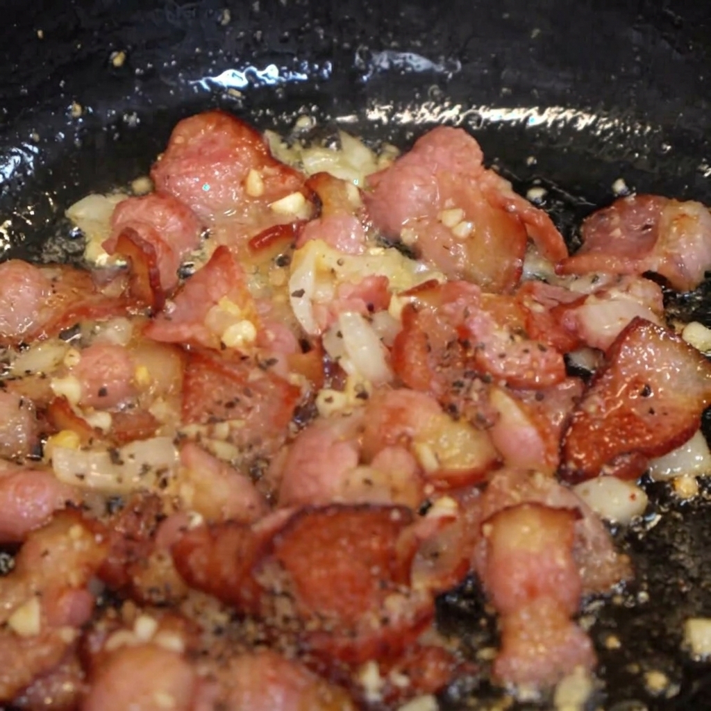 Speck und Zwiebeln in der Pfanne werden mit frisch gemahlenem Pfeffer bestreut.