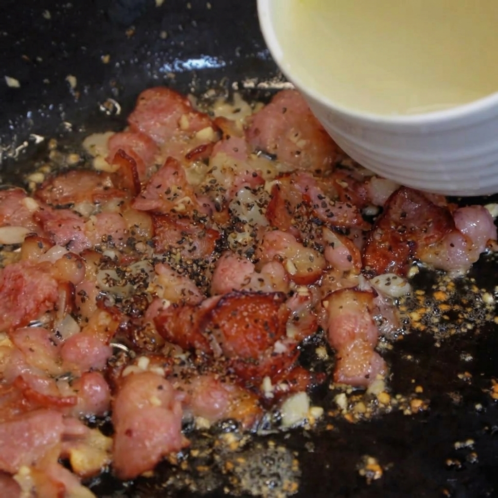 Eine kleine Schale mit trübem Nudelwasser wird in die Pfanne zum Speck gegossen.