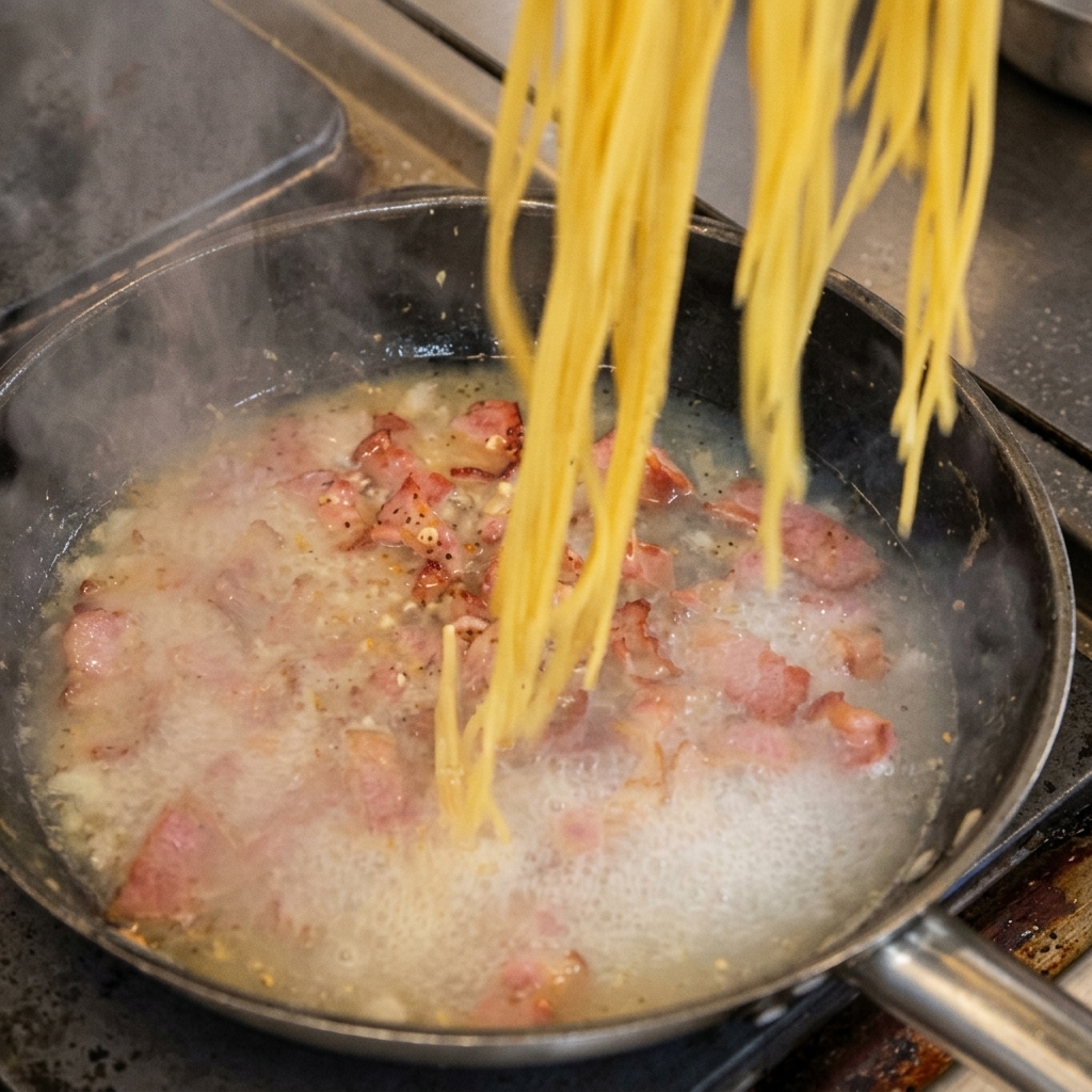 Gekochte Spaghetti werden in die Pfanne zu Speck und Zwiebeln gegeben.