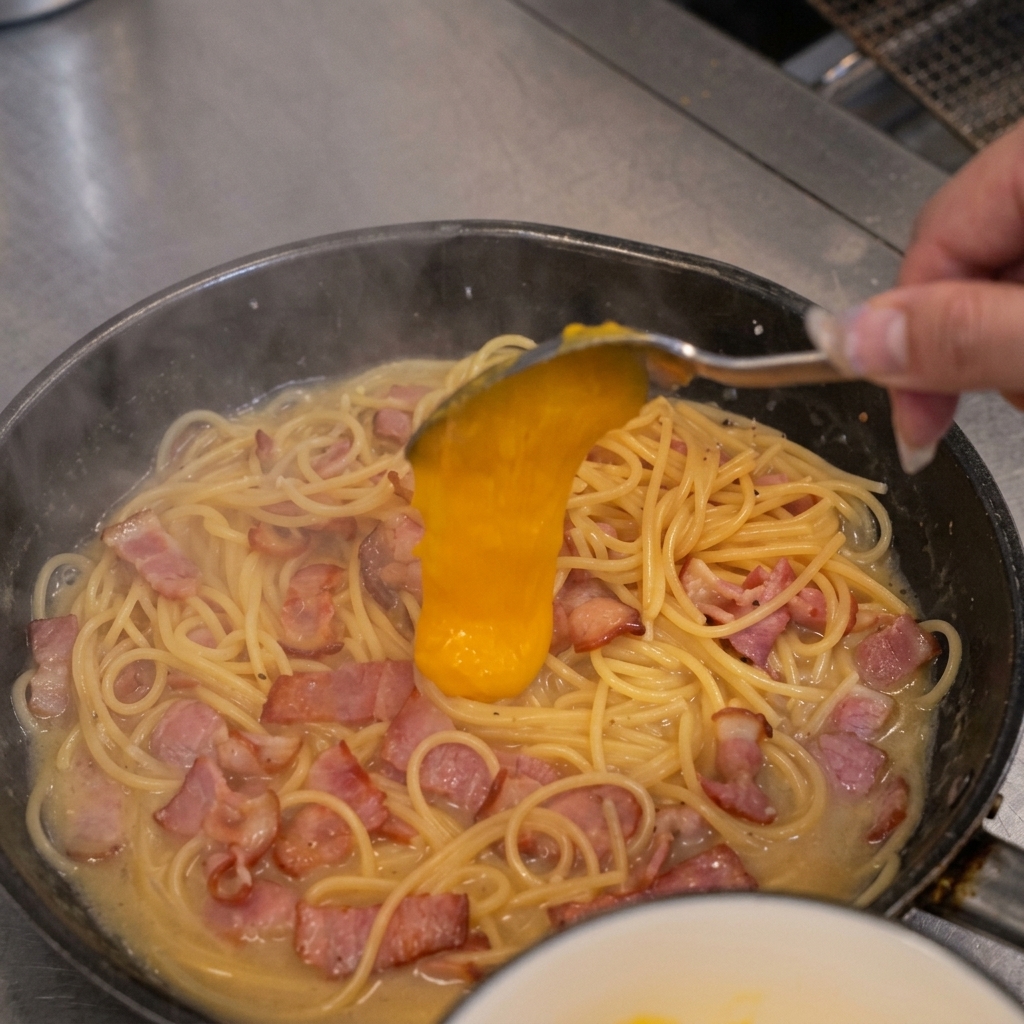 Die gelbe Eigelbsauce wird über die Spaghetti in der Pfanne gegossen.