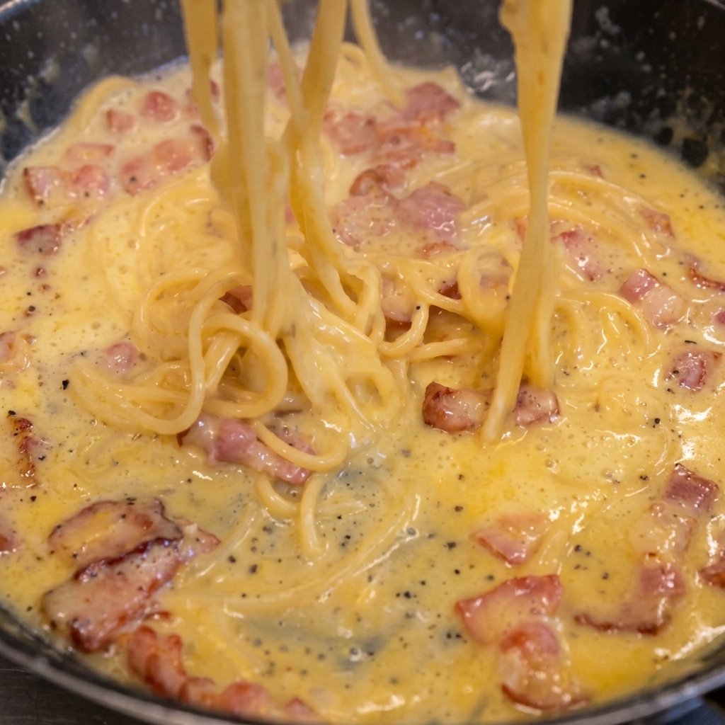 Spaghetti werden in der Pfanne mit der cremigen Eigelbsauce vermengt.