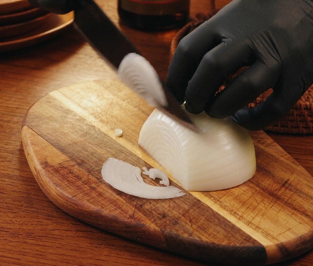 Eine Person mit schwarzen Handschuhen schneidet vorsichtig eine weiße Zwiebel in dünne Streifen auf einem Holzschneidebrett.