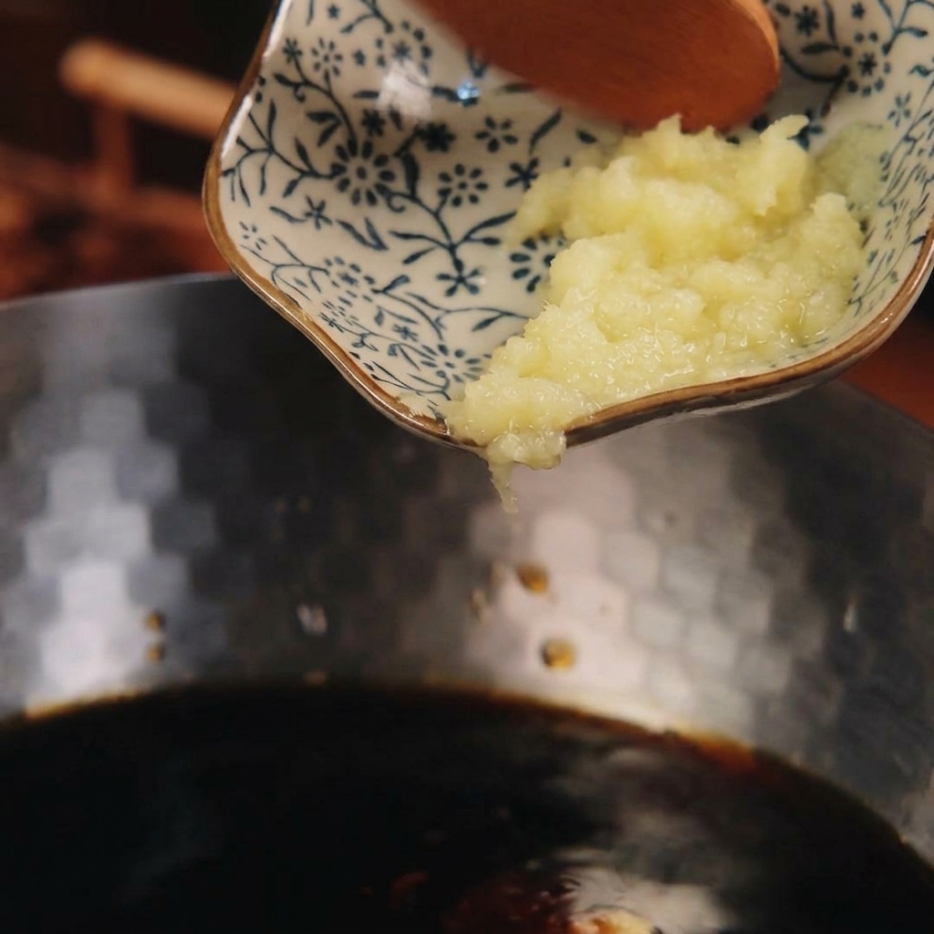 Frisch geriebene Ingwerpaste wird aus einer kleinen Keramikschale mit Blumenmuster in die dunkle, würzige Sauce gegeben.