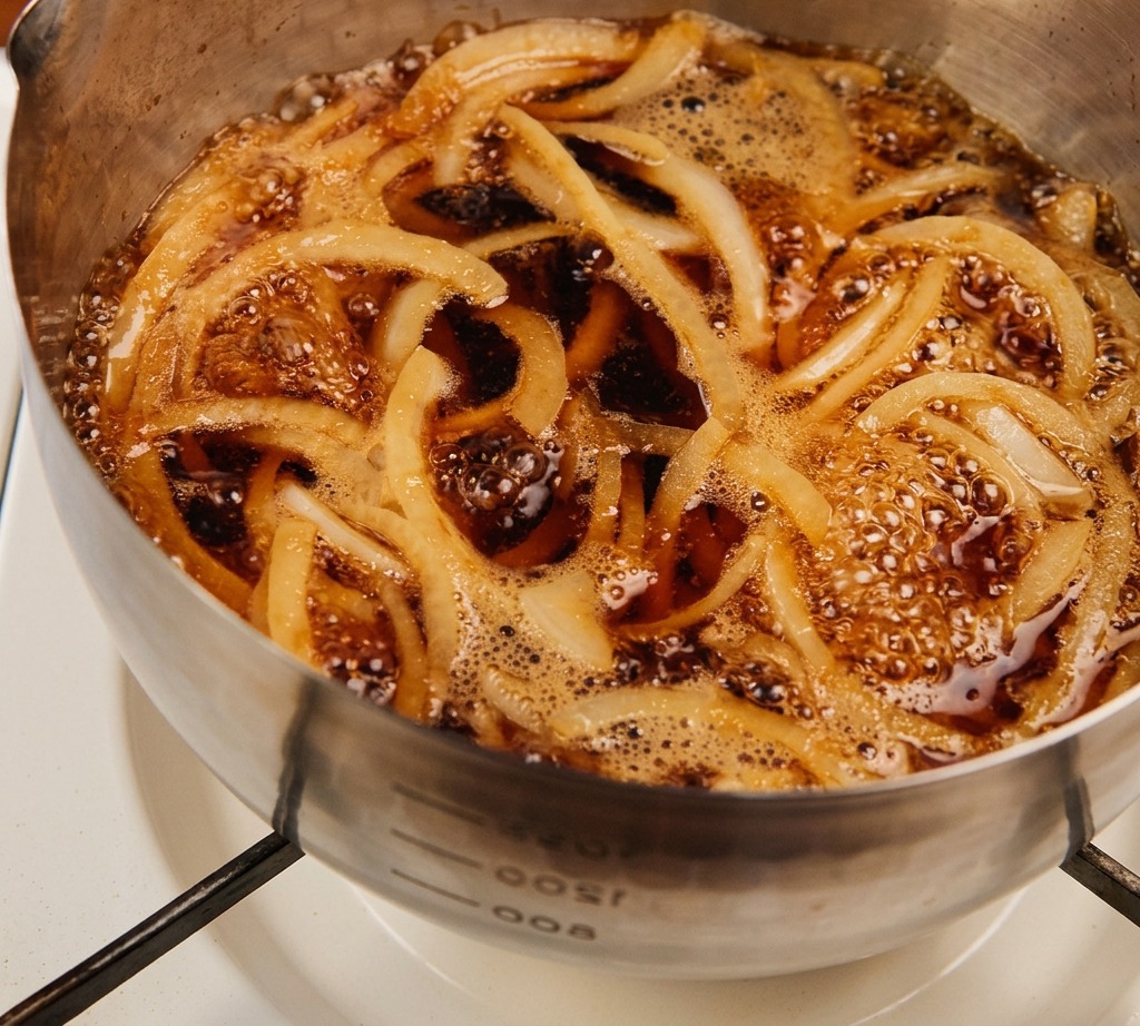 Ein Edelstahltopf voller Zwiebelstreifen und dunkler Sauce kocht kräftig über einer hohen Flamme.
