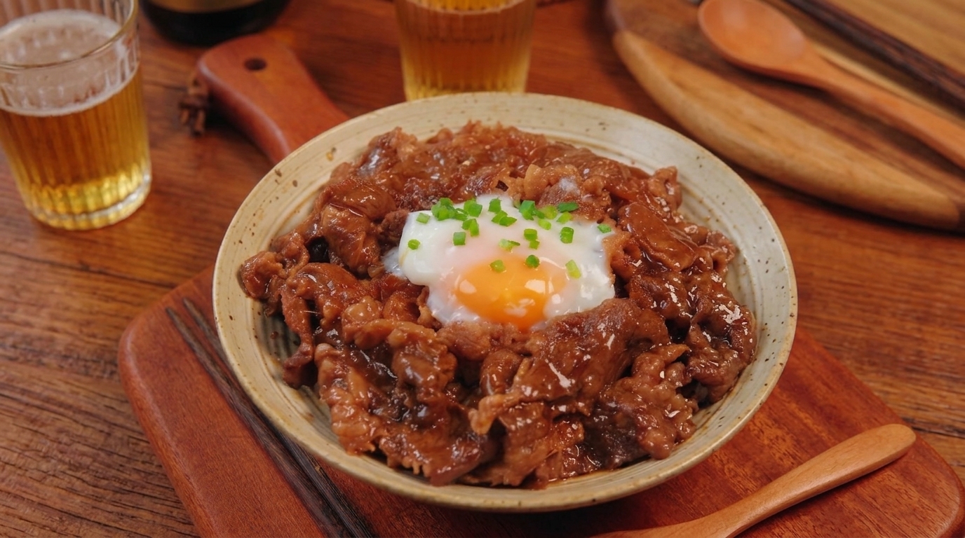 Eine klassische Gyudon-Bowl im Yoshinoya-Stil mit zartem Rindfleisch, glasigen Zwiebeln und einem perfekt wachsweichen Onsen-Ei.