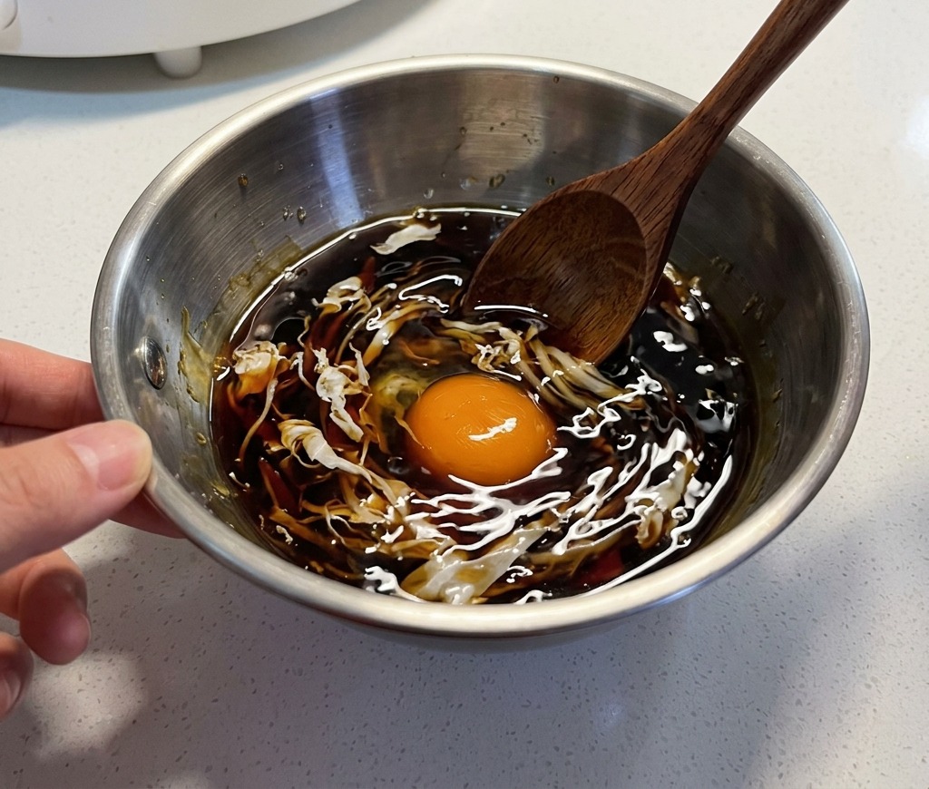 Ein Holzlöffel rührt eine dunkle Umami-Sauce mit einem Eigelb in einer Rührschüssel aus Metall an.