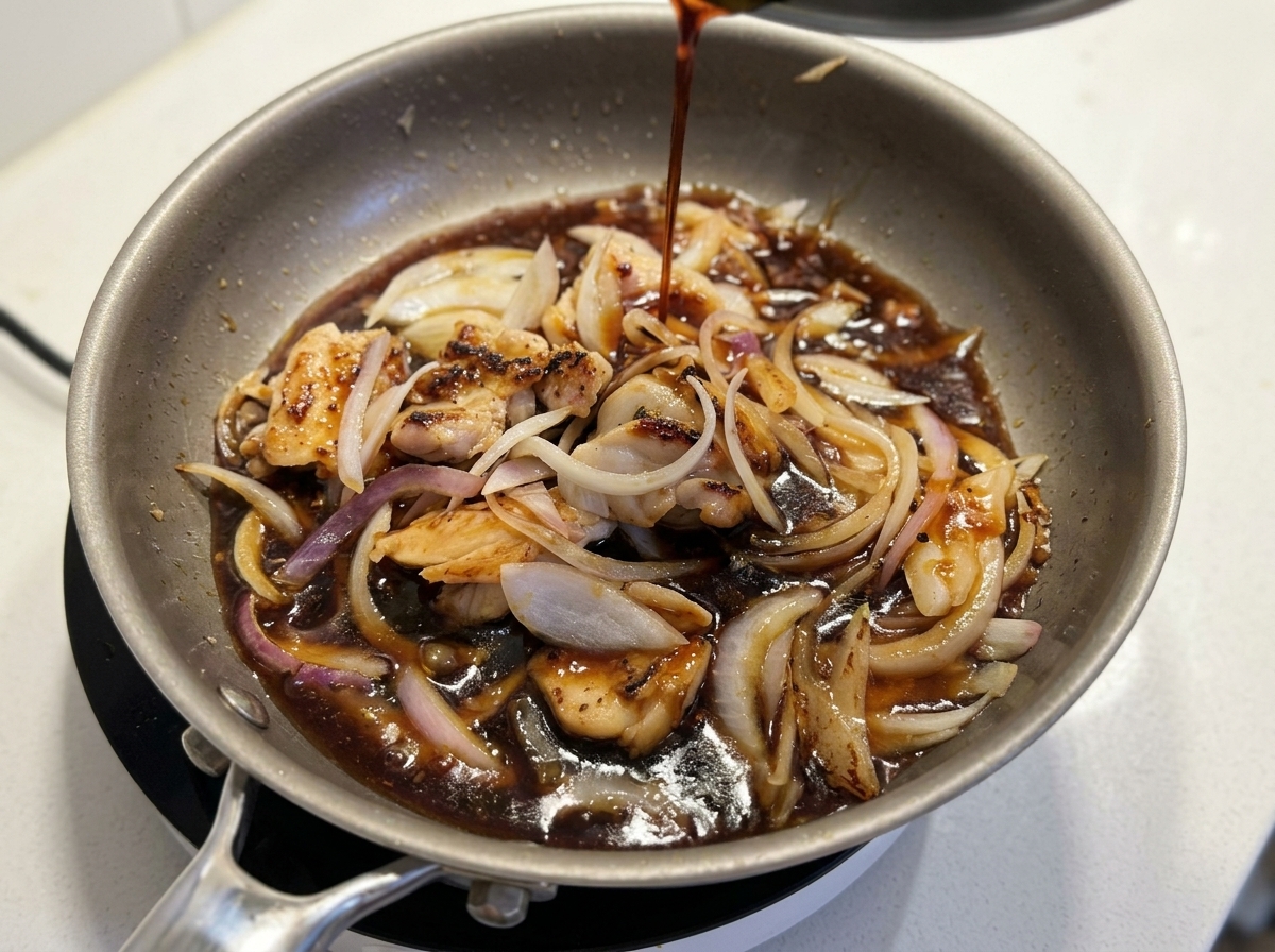 Eine dunkle Sauce auf Sojabasis wird über das Hähnchen und die roten Zwiebeln in der köchelnden Pfanne gegossen.