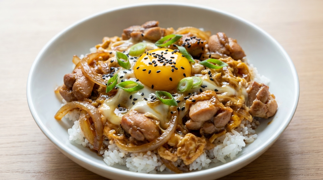 Authentisches japanisches Oyakodon (Reisbowl mit Hähnchen und Ei)