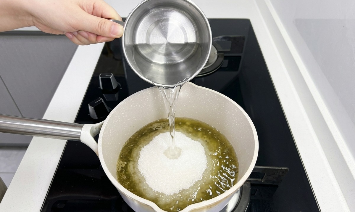 Wasser wird aus einem Edelstahlbecher in einen Topf mit Kreuzkümmelpulver und weißen Gewürzen gegossen.