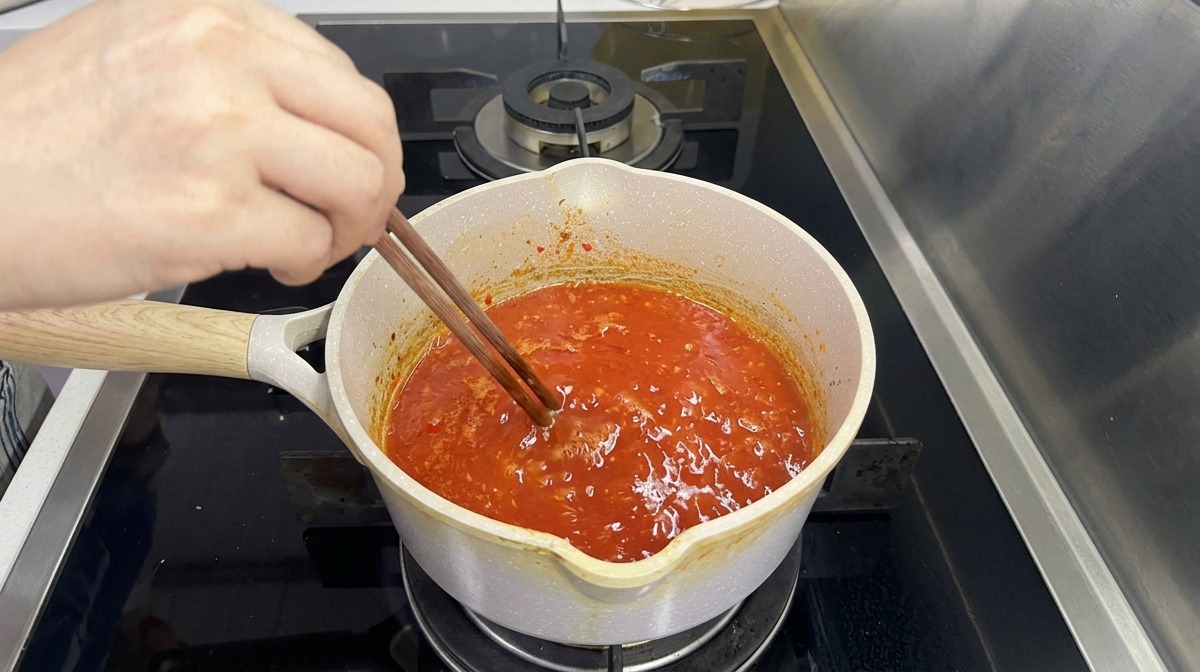 Ein kleiner Topf mit hellroter Chili-Knoblauch-Sauce köchelt auf dem Herd und wird mit Holzstäbchen umgerührt.