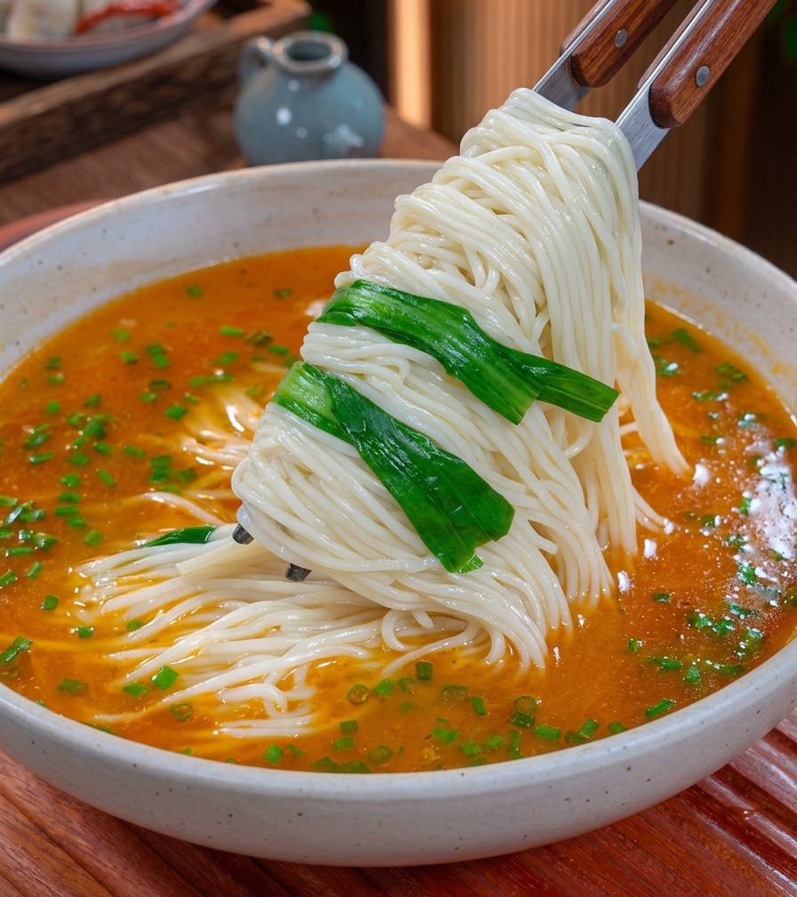 Ein Bündel weißer Nudeln und blanchiertes grünes Gemüse werden mit Stäbchen in eine Schüssel mit orangefarbener Suppe gehoben.