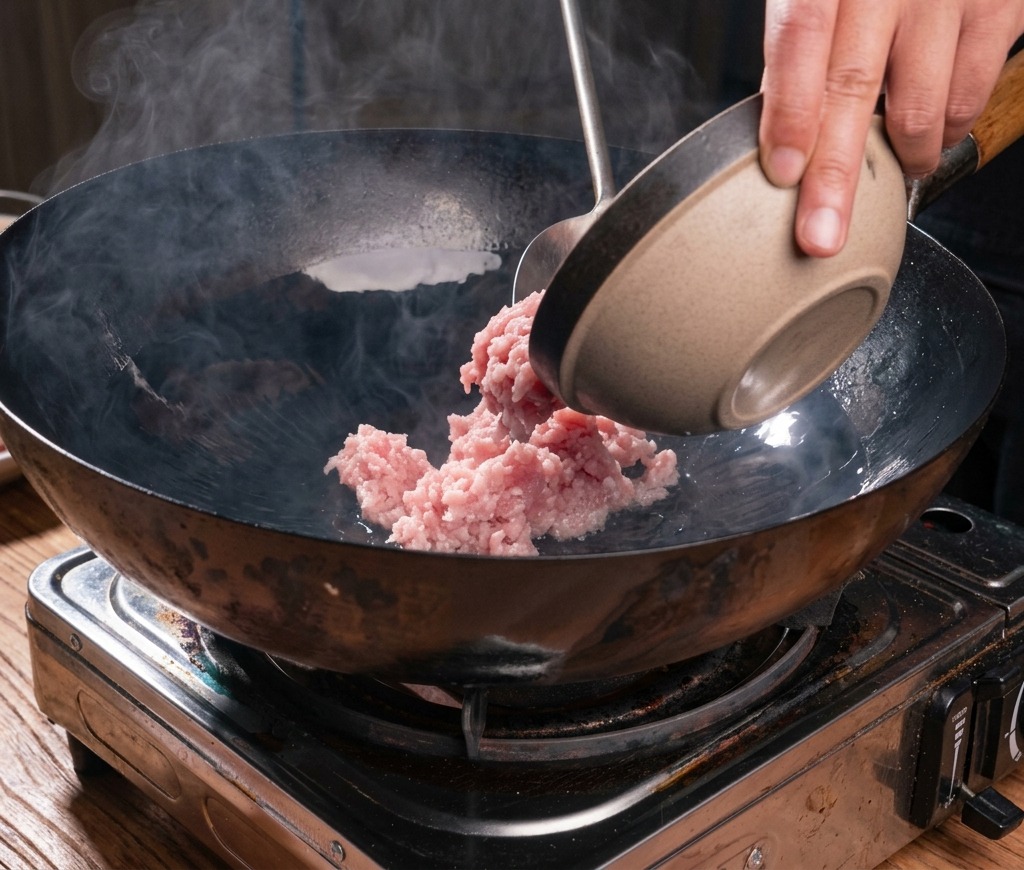 Schweinehackfleisch wird in einem großen schwarzen Wok angebraten, Dampf steigt auf, während das Fett austritt.