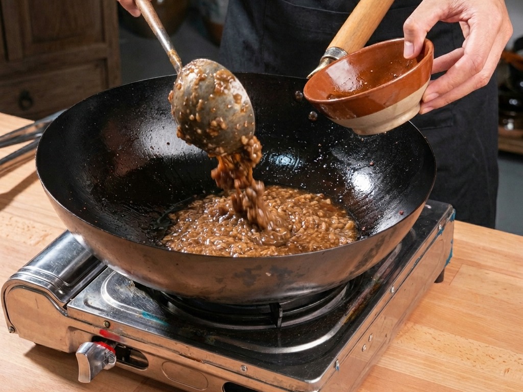 Fein gehacktes dunkles Senfgemüse wird aus einer kleinen Tonschale in einen Wok mit gebräuntem Hackfleisch gegeben.