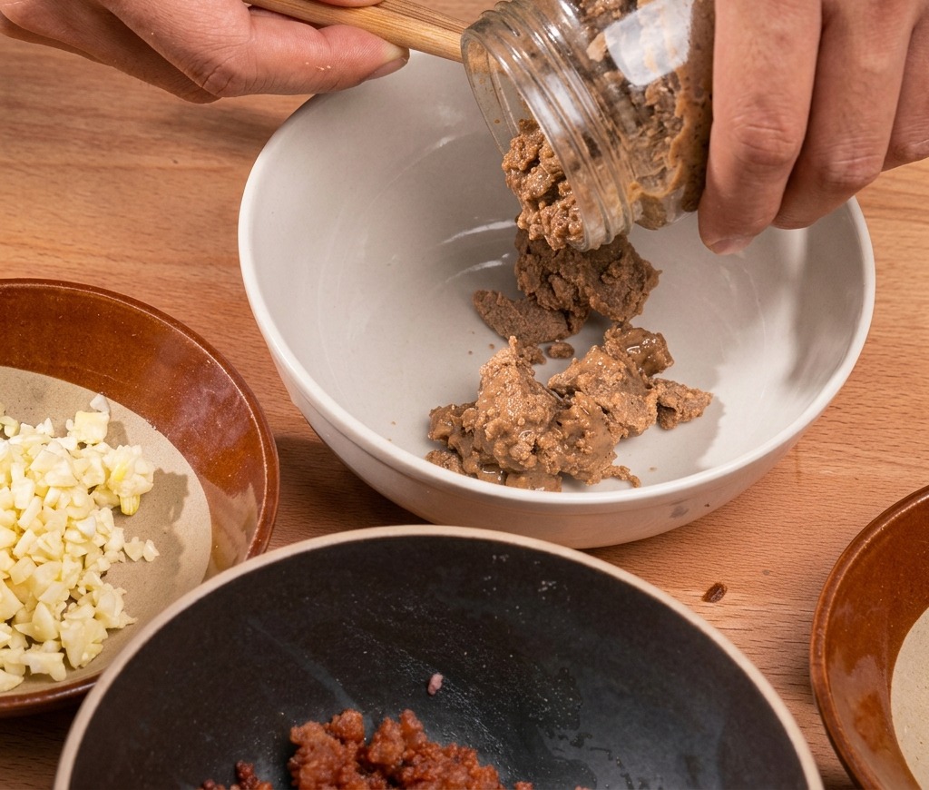 Ein Holzlöffel nimmt dicke Sesampaste aus einem Glas und gibt sie in eine weiße Rührschüssel.