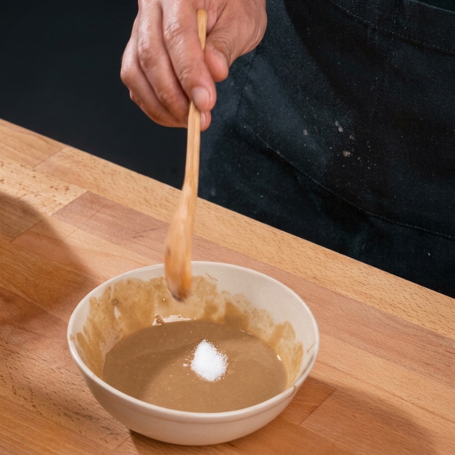 Eine Hand gibt mit einem Holzlöffel eine kleine menge weißes Gewürzpulver in eine Schüssel mit hellbrauner Sauce.