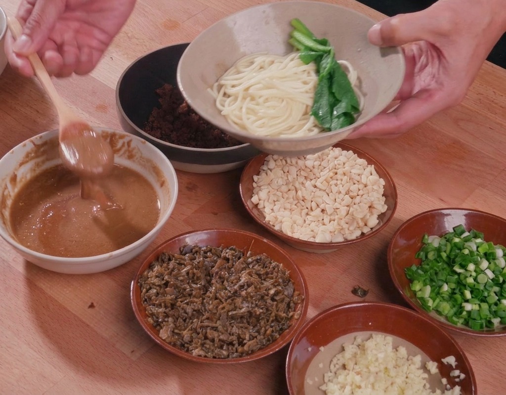 Ein Holzlöffel träufelt dicke, hellbraune Sesamsauce über eine Schüssel mit gekochten weißen Nudeln, garniert mit knackigem grünem Pak Choi.