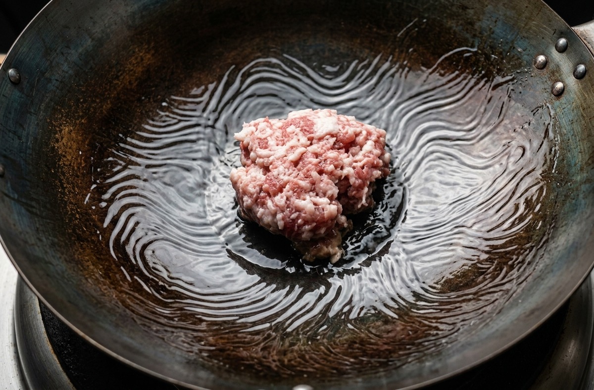 Rohes Schweinehackfleisch in etwas klarem Pflanzenöl am Boden eines Woks aus Kohlenstoffstahl.