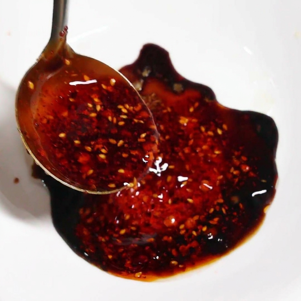 Leuchtend rotes Chiliöl mit Sesamkörnern wird aus einer Kelle in eine Schale mit Saucenbasis gegossen.