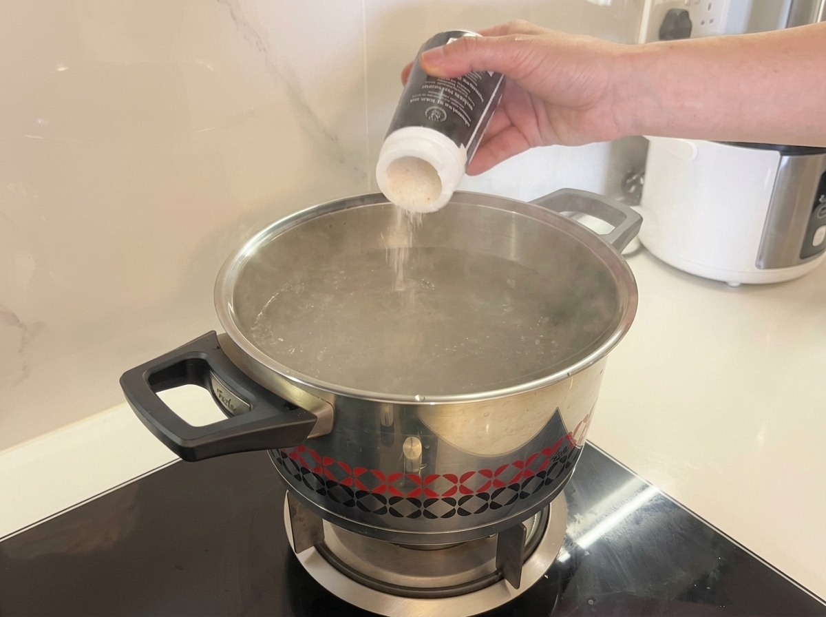 Eine Hand schüttet feines weißes Salz aus einem Behälter in einen Topf mit dampfendem, kochendem Wasser.