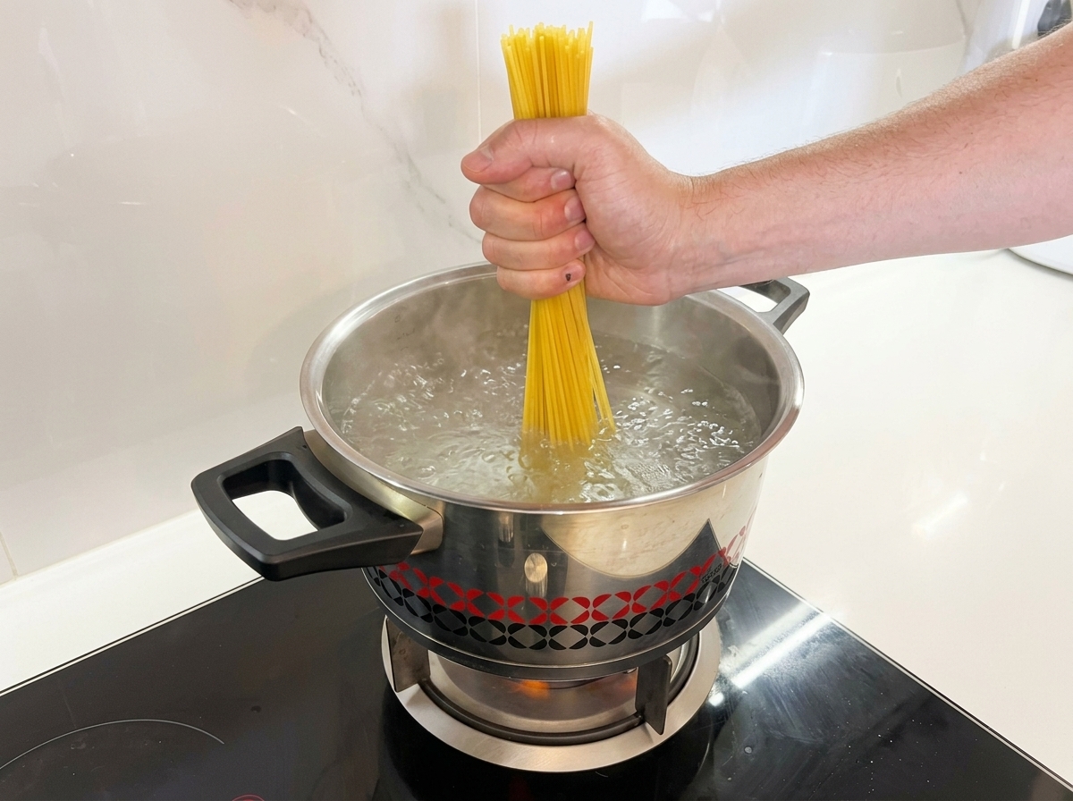 Eine Hand hält ein Bündel trockene Spaghetti-Nudeln und taucht sie direkt in einen Topf mit sprudelnd kochendem Wasser.