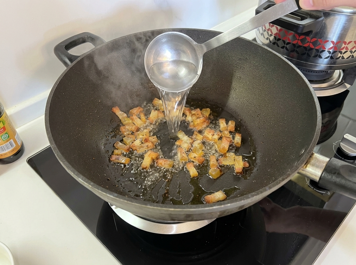 Eine Schöpfkelle gießt heißes, klares Nudelwasser in einen Wok mit knusprigem Guanciale und sprudelndem Fett.