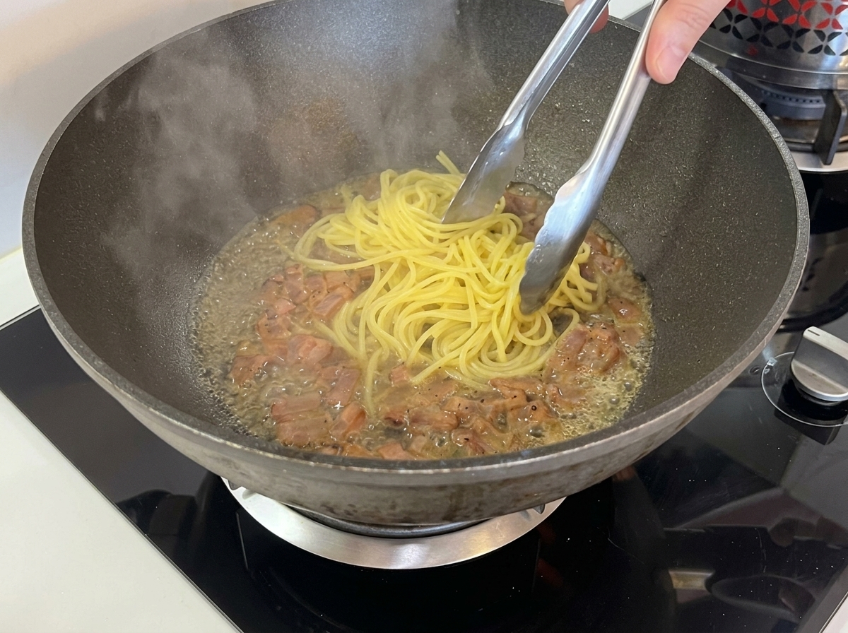Eine Metallzange hebt gekochte Spaghetti direkt in einen Wok mit Guanciale und etwas Flüssigkeit.