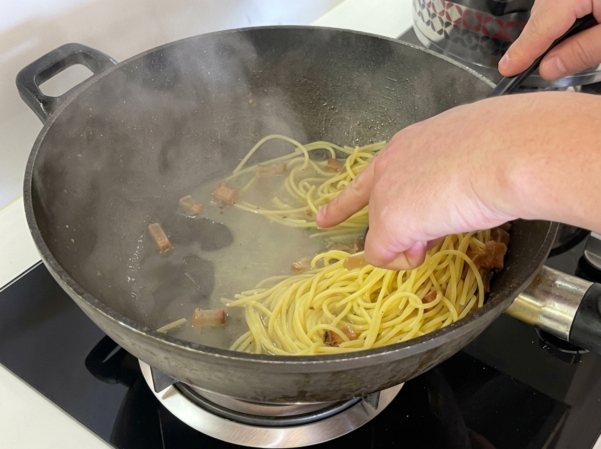 Eine Hand zeigt auf eine kleine Menge Nudelwasser am Boden eines Woks mit Spaghetti und Guanciale.