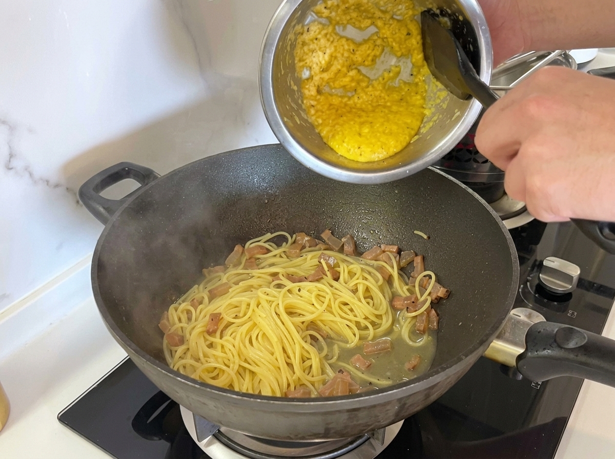 Eine dicke, gelbe Mischung aus Ei und Käse wird aus einer Metallschüssel über Spaghetti und Guanciale in einen dunklen Wok gegossen.