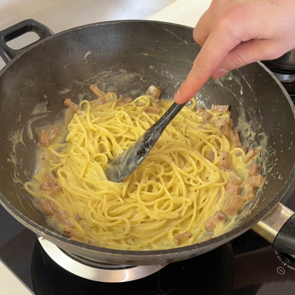 Spaghetti, die schwer mit einer reichhaltigen, glänzenden, blassgelben Ei-Käse-Sauce überzogen sind, gemischt mit Guanciale-Stückchen.