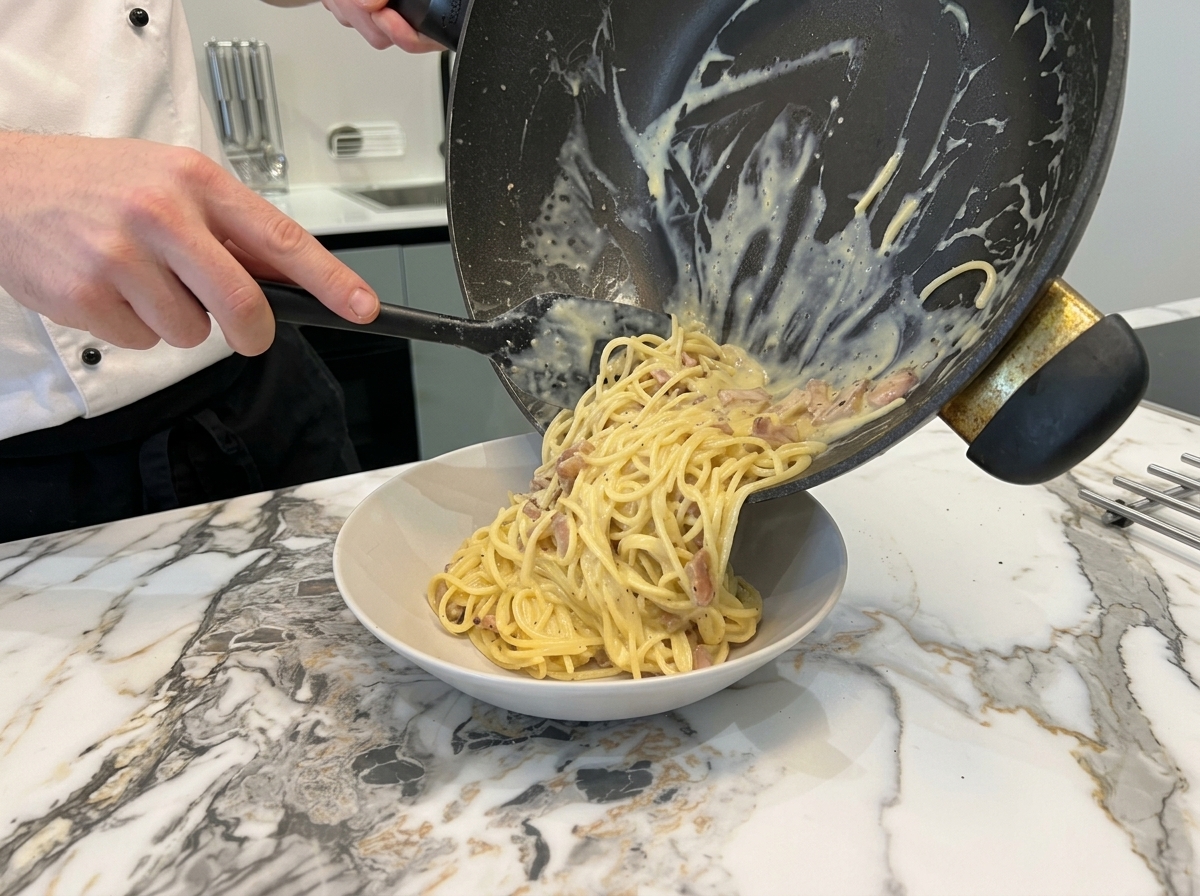 Cremige Carbonara mit Guanciale-Stückchen wird aus einem dunklen Wok in eine weiße Servierschale gleiten gelassen.
