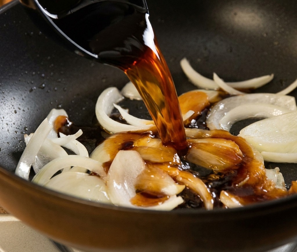 Eine dunkle, herzhafte Sauce wird über angebratene Zwiebeln in einer heißen Pfanne gegossen.