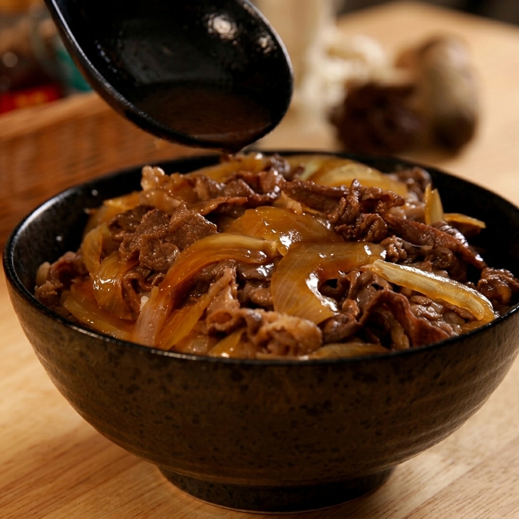 Eine schwarze Kelle gießt eine dunkle, herzhafte Brühe über eine frisch zubereitete Beef Bowl.