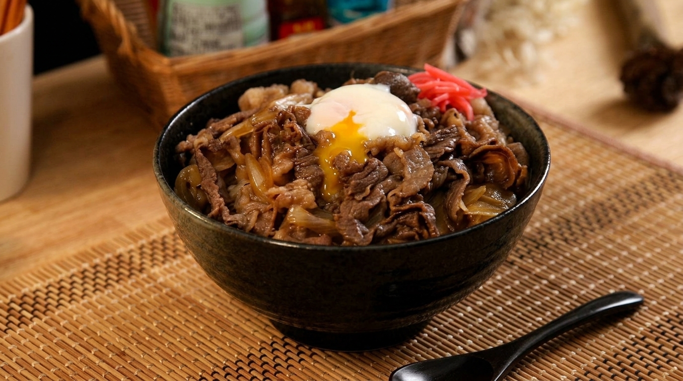 Gyudon nach Sukiya-Art (Japanische Beef Bowl) mit Onsen-Ei