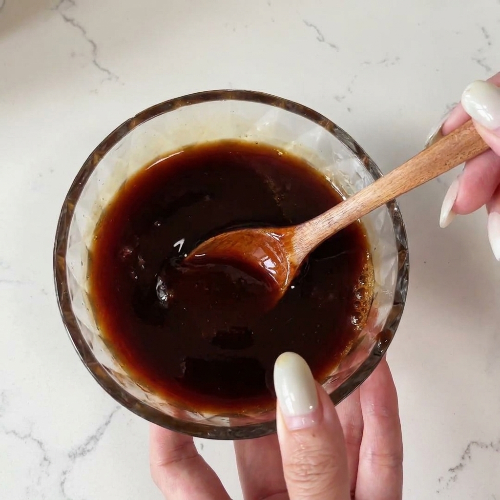 Eine dunkelbraune Würzsauce wird mit einem kleinen Holzlöffel in einer Glasschale verrührt.