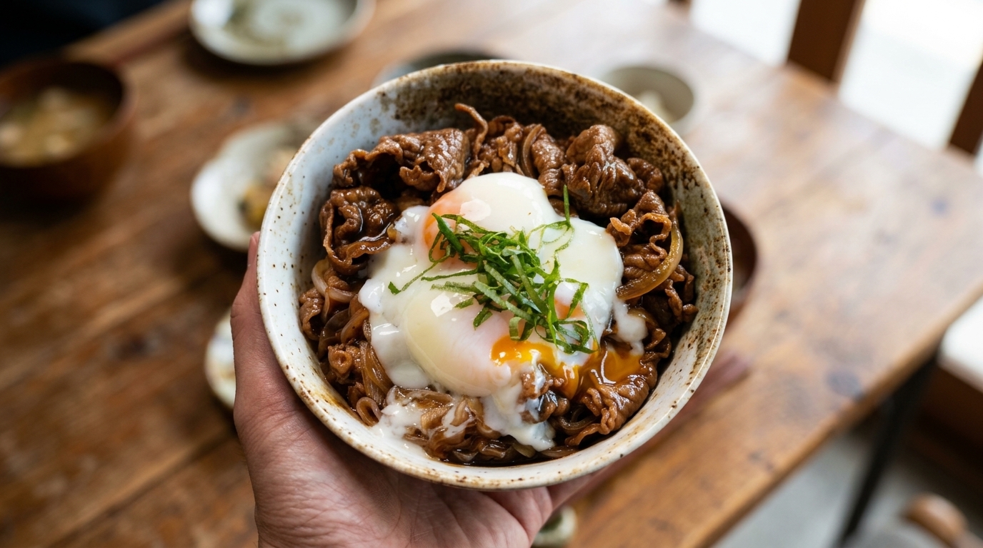 Eine köstliche japanische Rindfleisch-Bowl mit einem perfekt weichen Onsen-Ei und frischer grüner Garnitur.