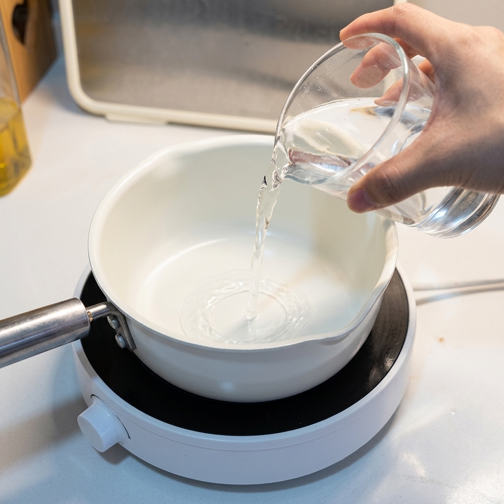 Wasser wird aus einem Messbecher in einen weißen Topf auf dem Herd gegossen.