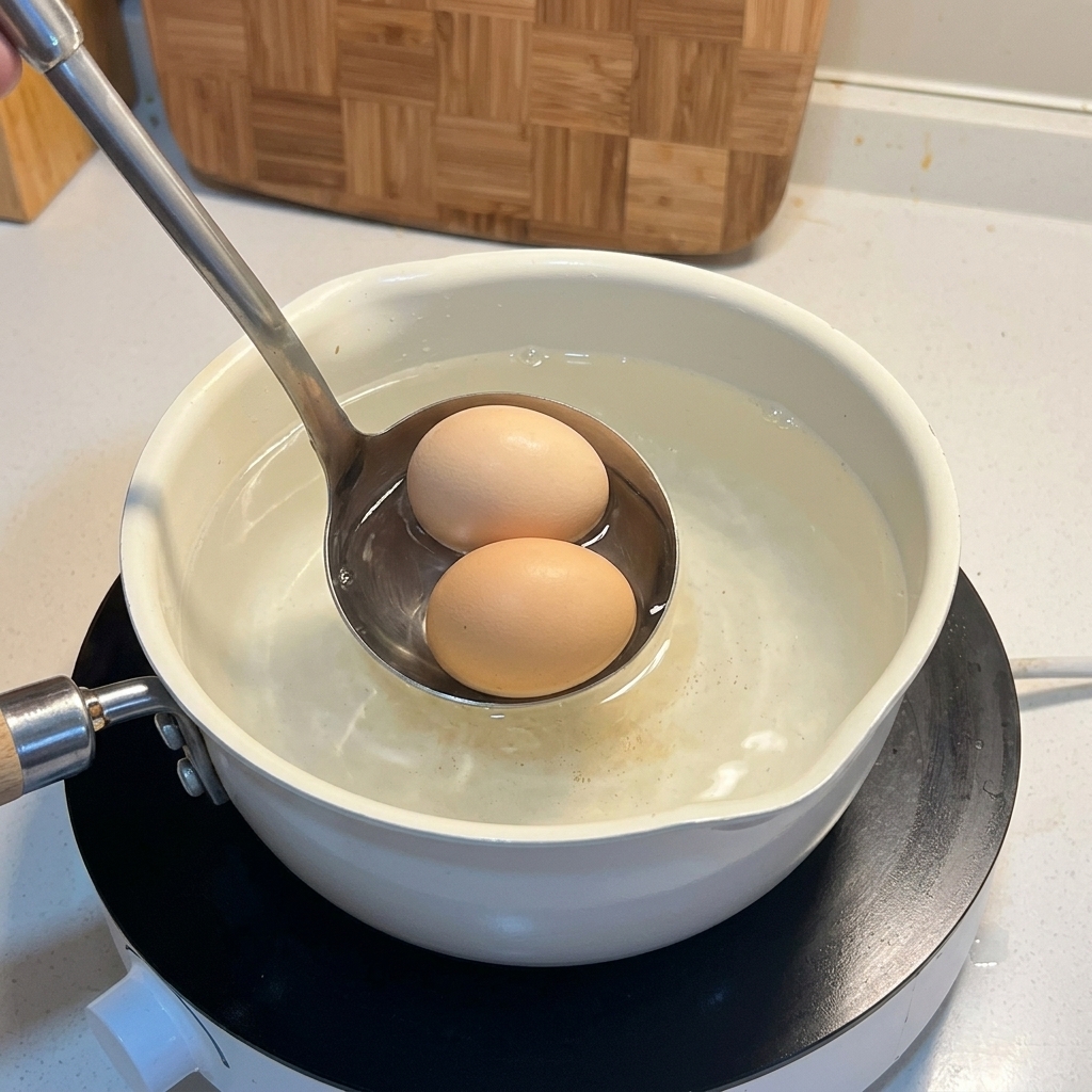 Zwei ungeschälte Eier werden mit einer Metallkelle vorsichtig in einen Topf mit heißem Wasser gelegt.