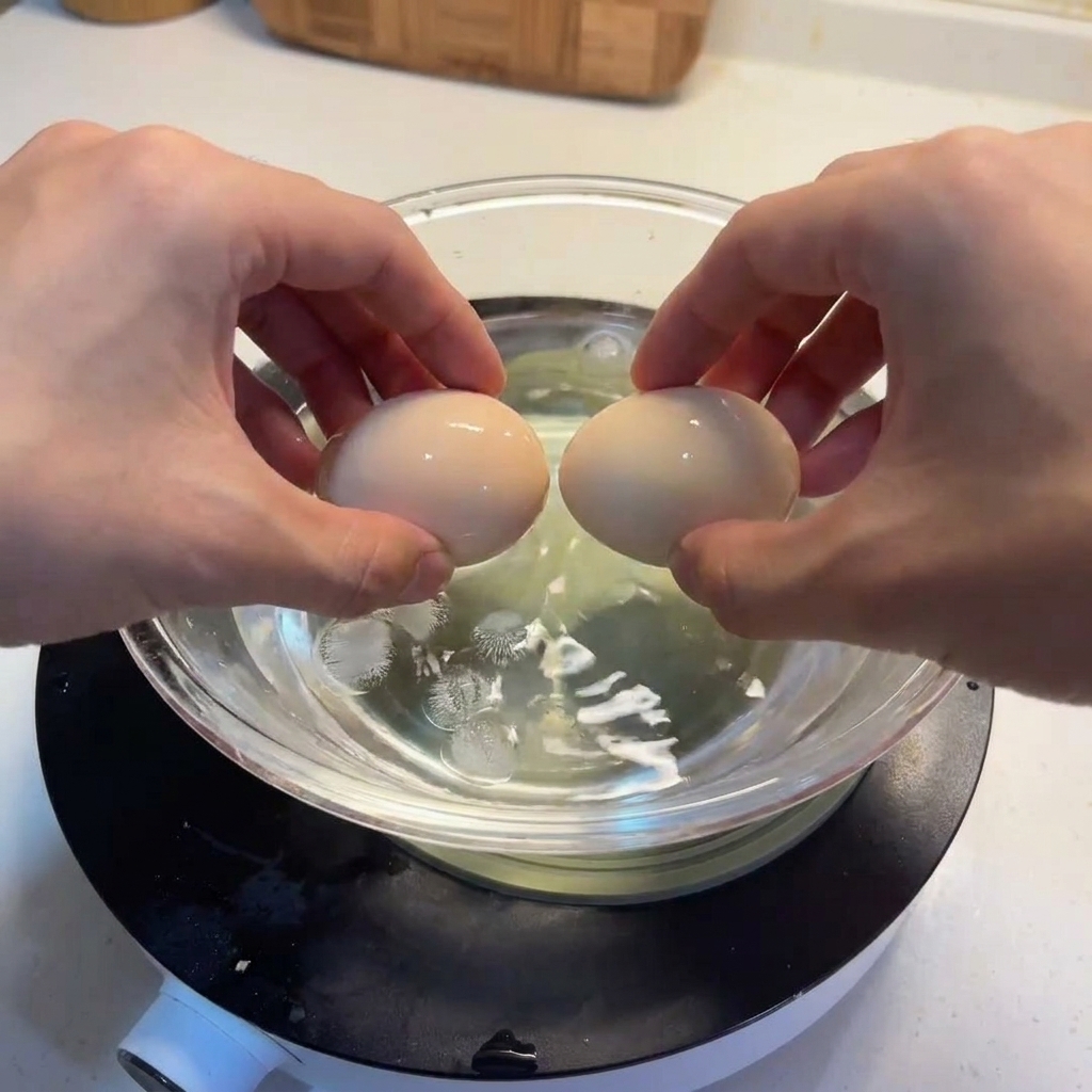 Zwei Hände legen die gekochten Eier in eine Glasschüssel mit Eiswasser.