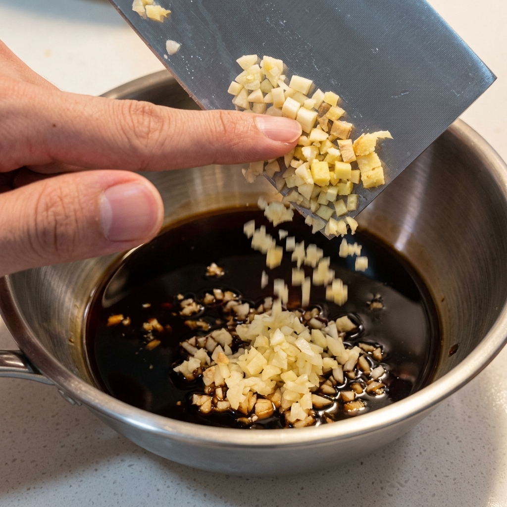 Gehackter Knoblauch und Ingwer werden von einem Hackmesser in eine Schüssel mit dunkler Sauce geschoben.