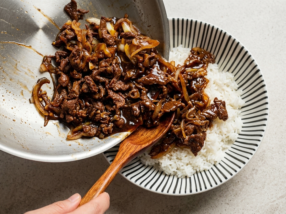 Zubereitetes Rindfleisch, Zwiebeln und dunkle Sauce werden mit einem Pfannenwender aus Holz auf eine Schüssel mit weißem Reis geschoben.