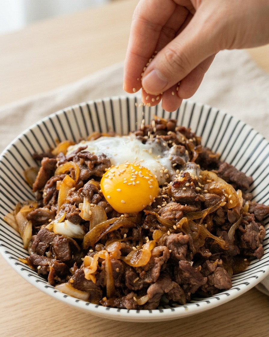 Eine Hand streut gerösteten Sesam über eine herzhafte Rindfleisch-Bowl, die mit einem leuchtend gelben Eigelb und karamellisierten Zwiebeln garniert ist.