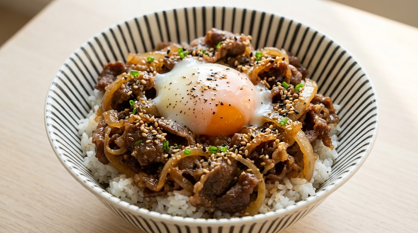 Einfaches japanisches Gyudon (Rindfleisch-Bowl) mit perfektem Onsen-Ei