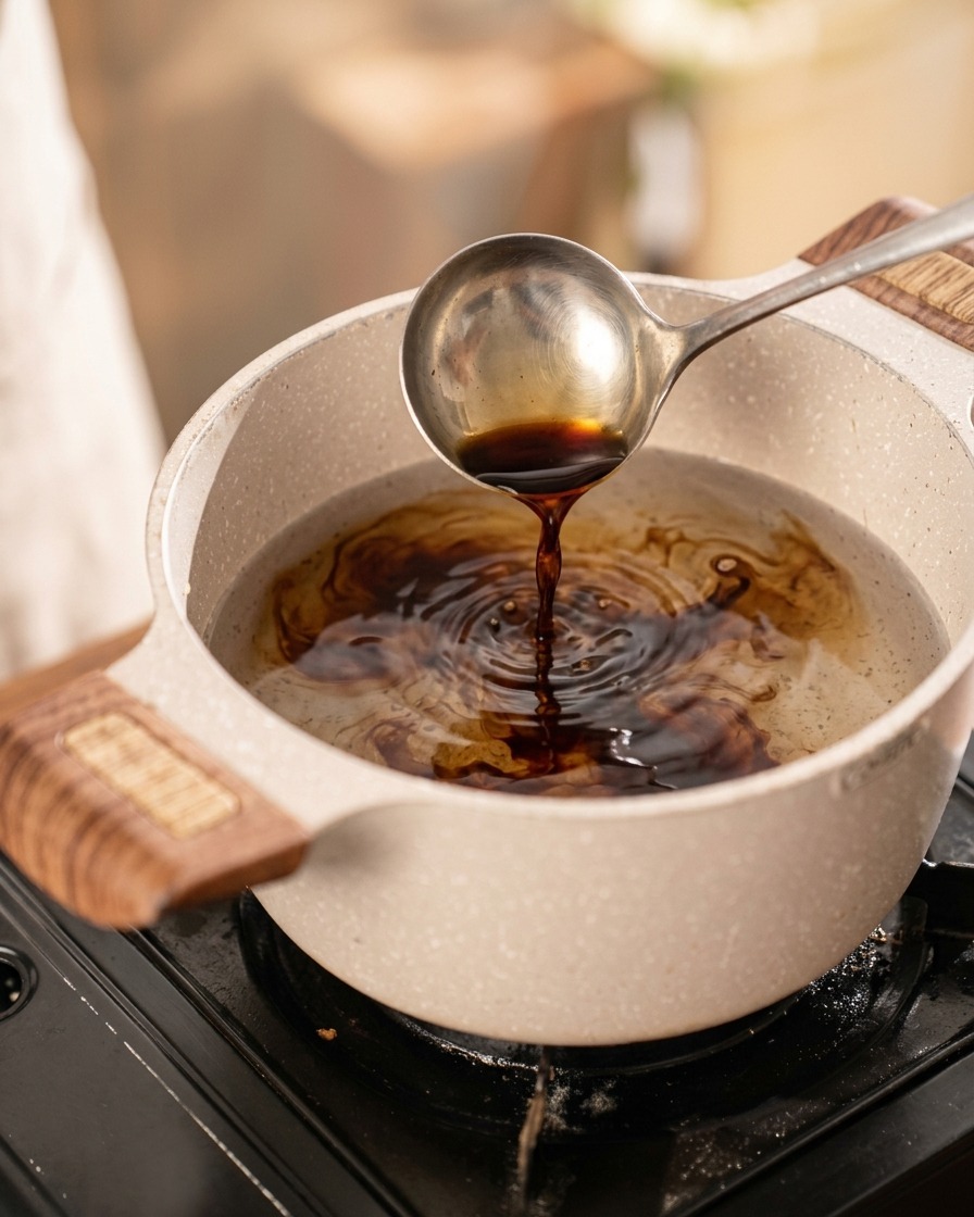 Eine Schöpfkelle gießt dunkle Sojasauce in einen Topf mit klarem Wasser, um die Marinadenbasis zu kreieren.