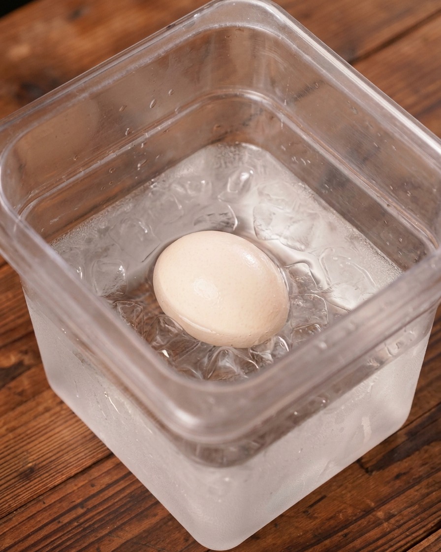 Ein gekochtes Ei liegt in einem transparenten Behälter, der mit Wasser und Eiswürfeln gefüllt ist.