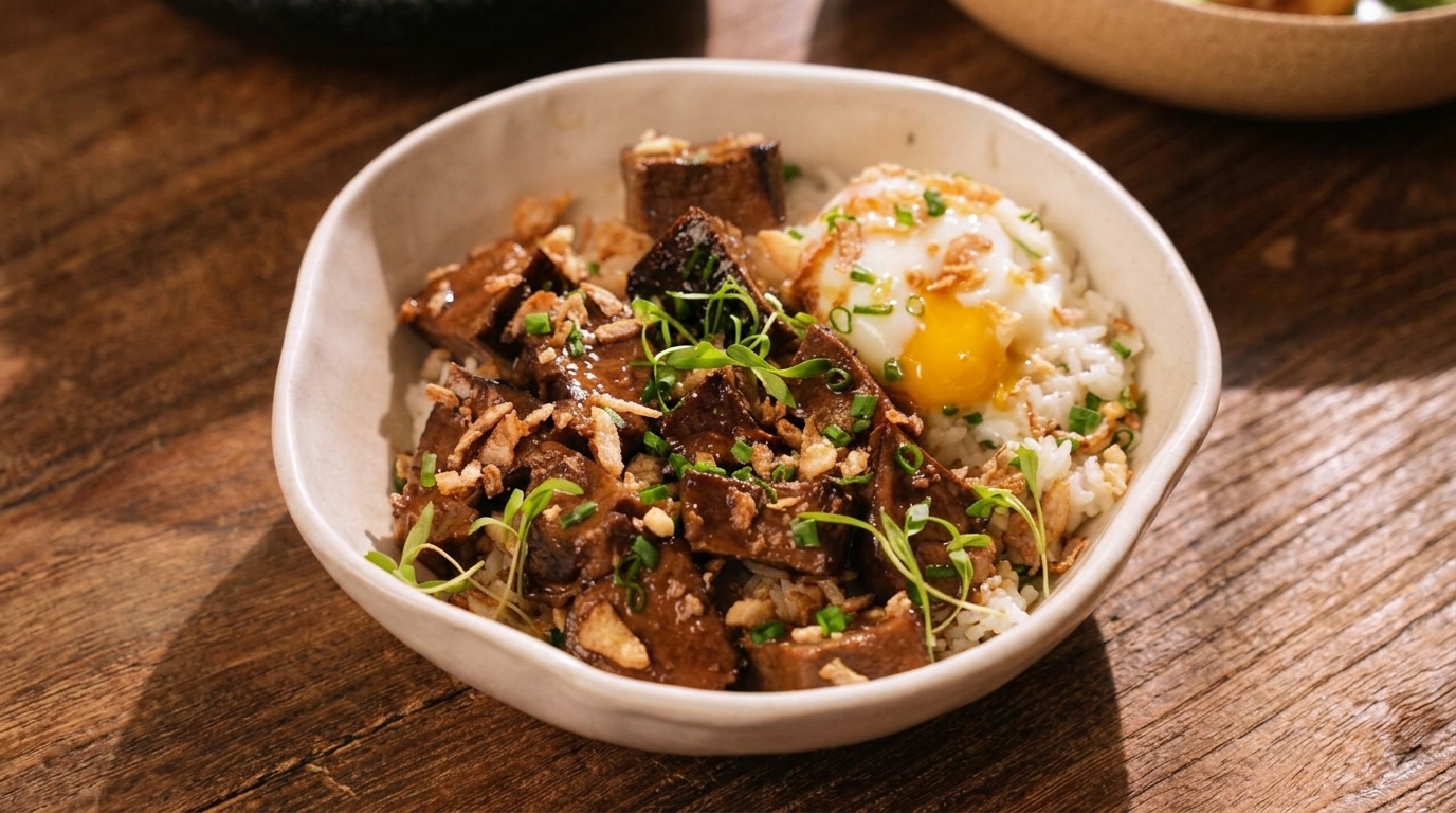Gegrillte Rinderzunge mit Onsen-Ei (Gyutan Don)