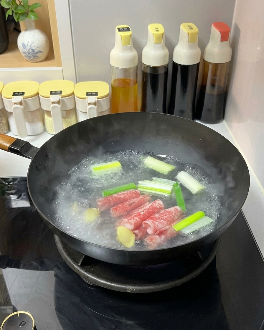Hauchdünn geschnittene rohe Rindfleischröllchen werden in einen Topf mit kochendem Wasser, Ingwer und Frühlingszwiebeln getaucht.