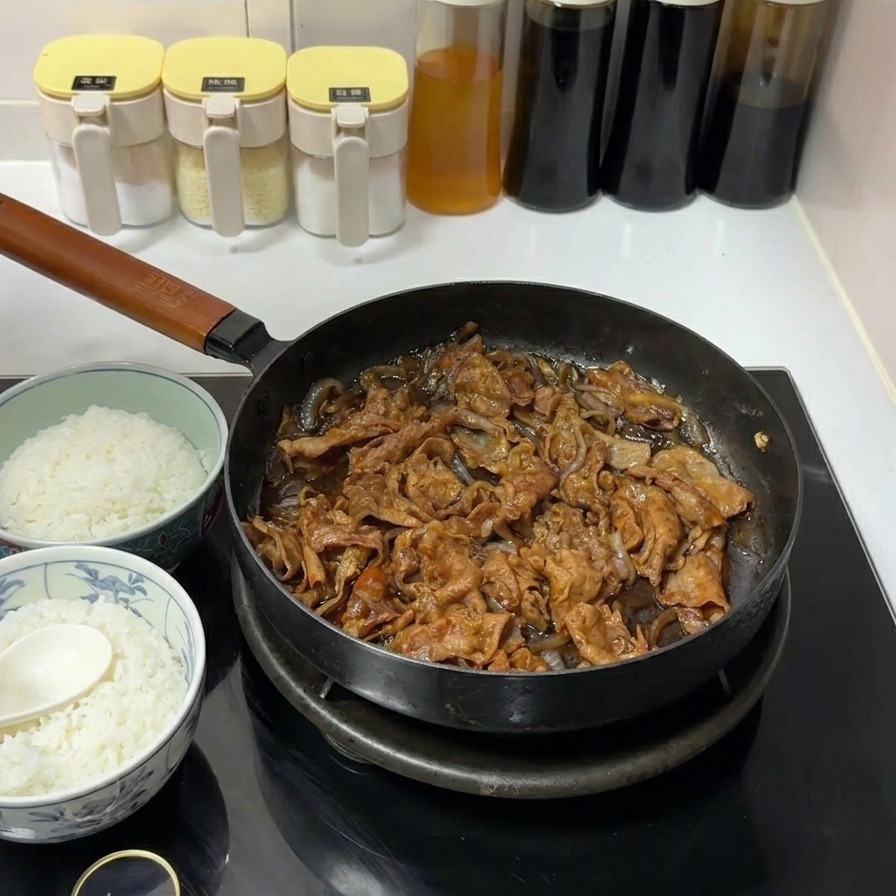 Dünn geschnittenes Rindfleisch und Zwiebeln köcheln in einer dunklen, herzhaften Sojasauce in einer schwarzen Pfanne auf einem Induktionskochfeld.
