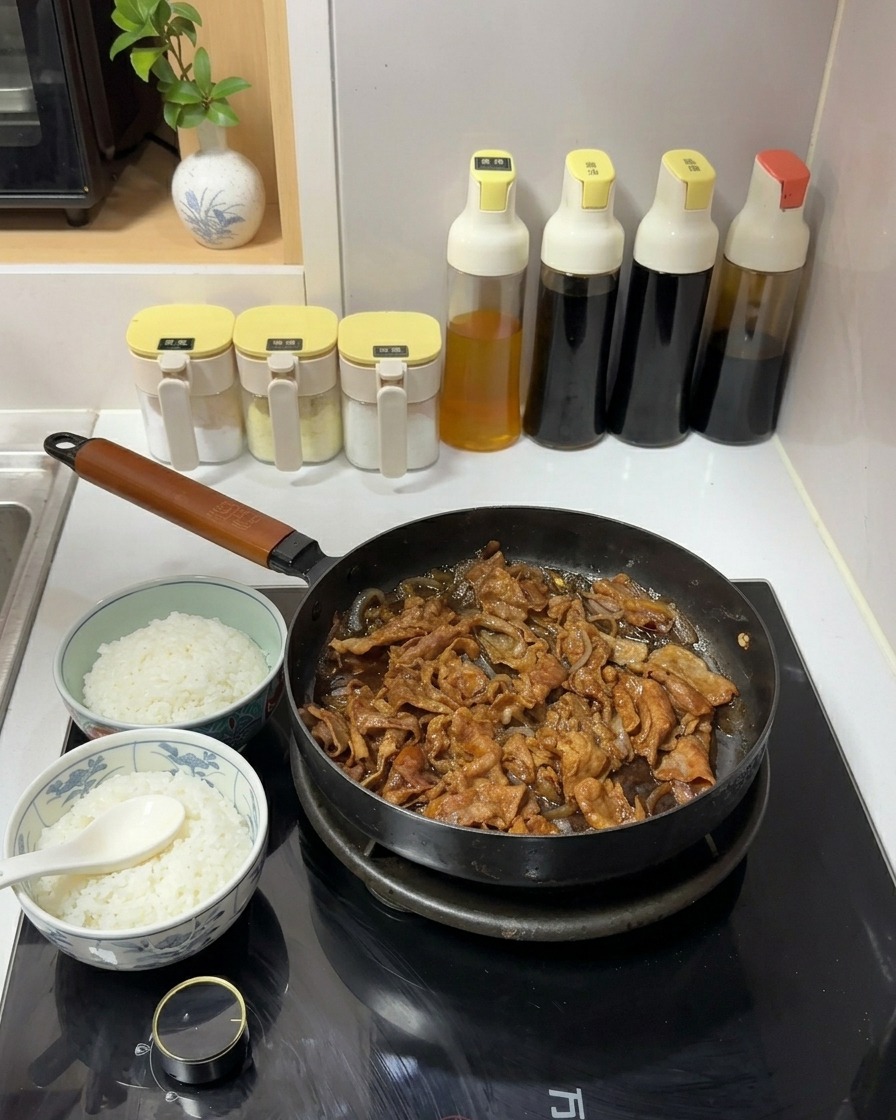 Geschnittenes Rindfleisch und Zwiebeln köcheln in einer dunklen, herzhaften Soße in einer Pfanne, daneben stehen zwei Schüsseln mit weißem Reis.