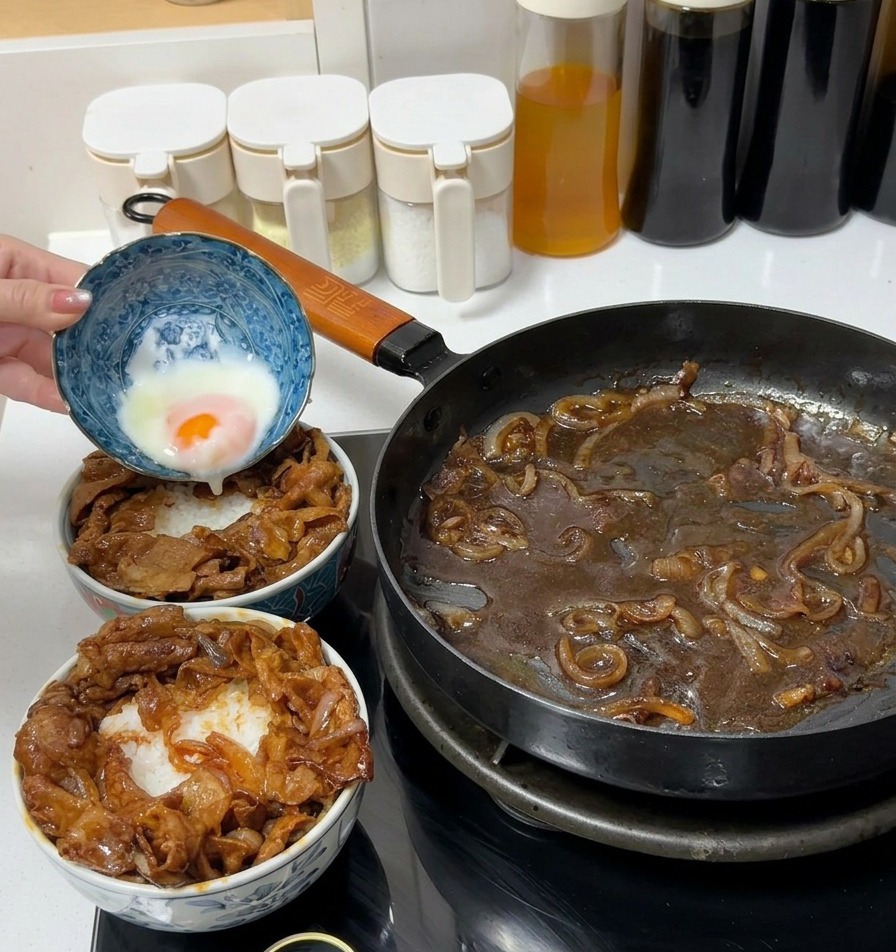 Eine Person gießt ein weichgekochtes Onsen-Ei aus einer blau gemusterten Keramikschale auf eine Schüssel Reis, die mit gekochtem Rindfleisch belegt ist.